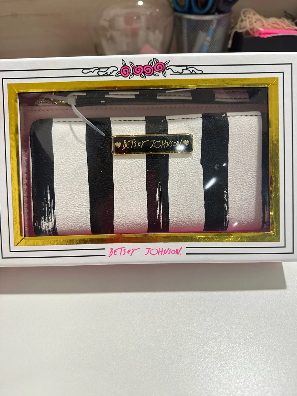 Betsey Johnson Black & White Striped Zip-Around Wallet with Gold Plaque NWT